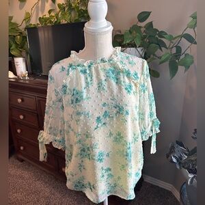 CeCe Floral Blouse in Cream and Green